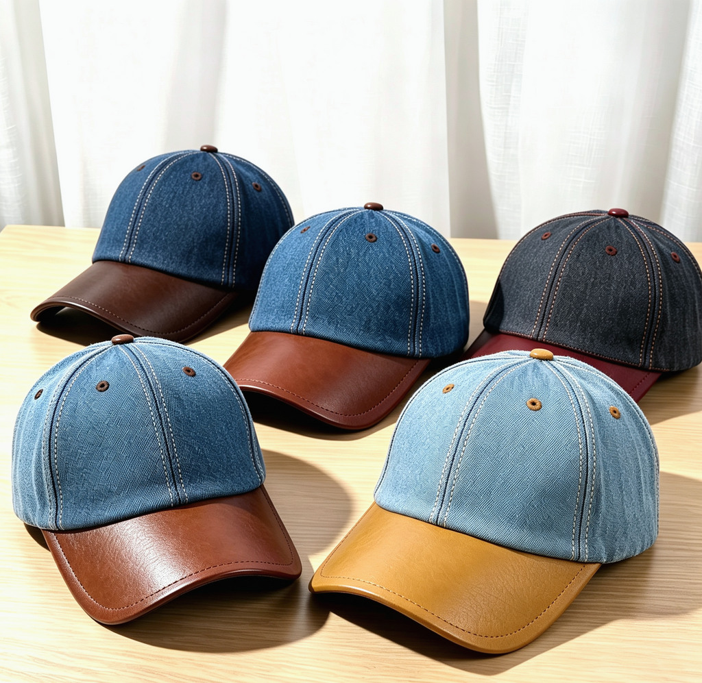 Denim Baseball Cap With Faux Leather Brim - Black - 3