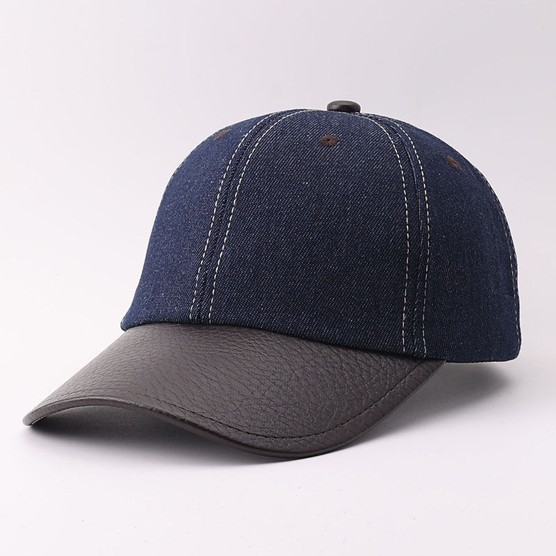 Denim Baseball Cap With Faux Leather Brim - DarkBlue