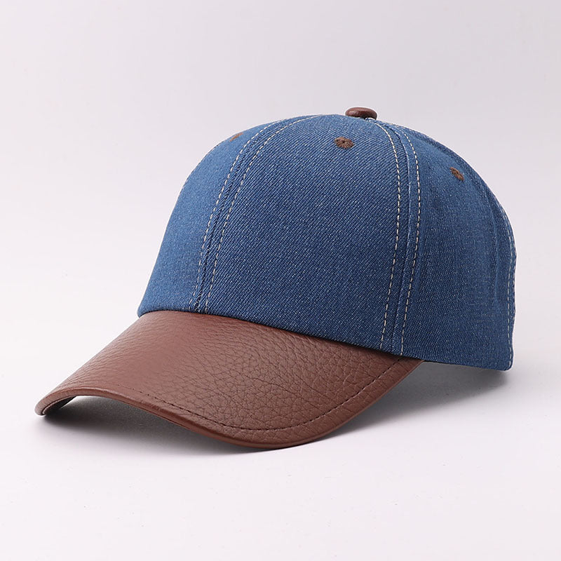 Denim Baseball Cap With Faux Leather Brim - MBlue