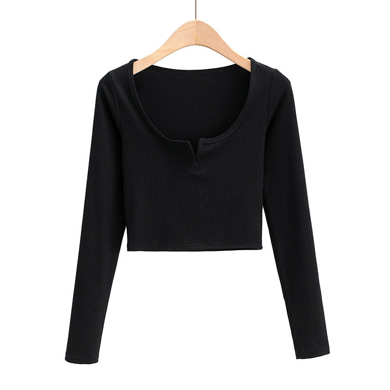 Notch V Neck Long Sleeve Crop Top - BLACK