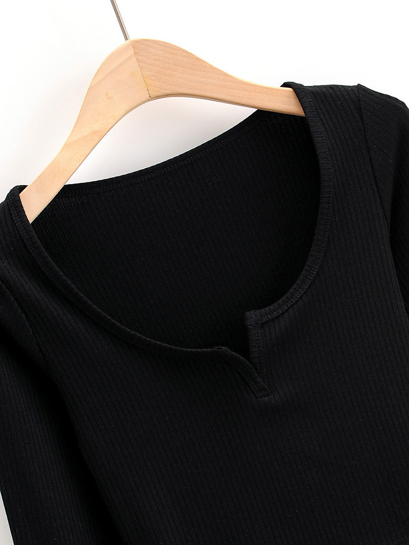 Notch V Neck Long Sleeve Crop Top - BLACK - 1