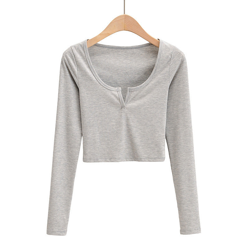 Notch V Neck Long Sleeve Crop Top - GREY