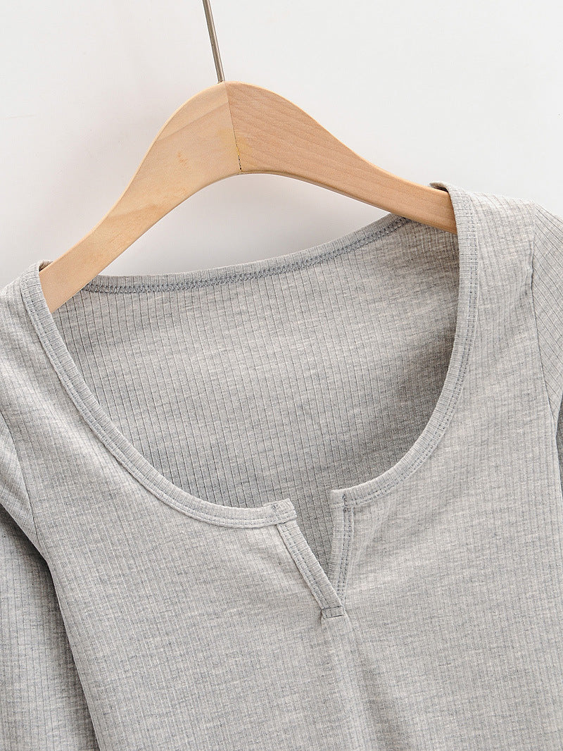 Notch V Neck Long Sleeve Crop Top - GREY - 1