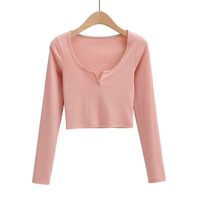 Notch V Neck Long Sleeve Crop Top - PINK - 1