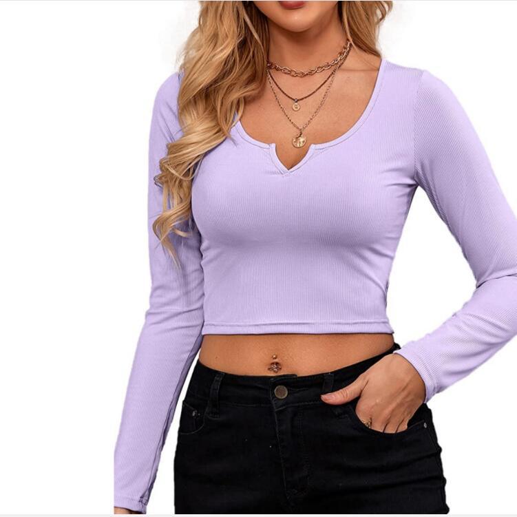 Notch V Neck Long Sleeve Crop Top - PURPLE