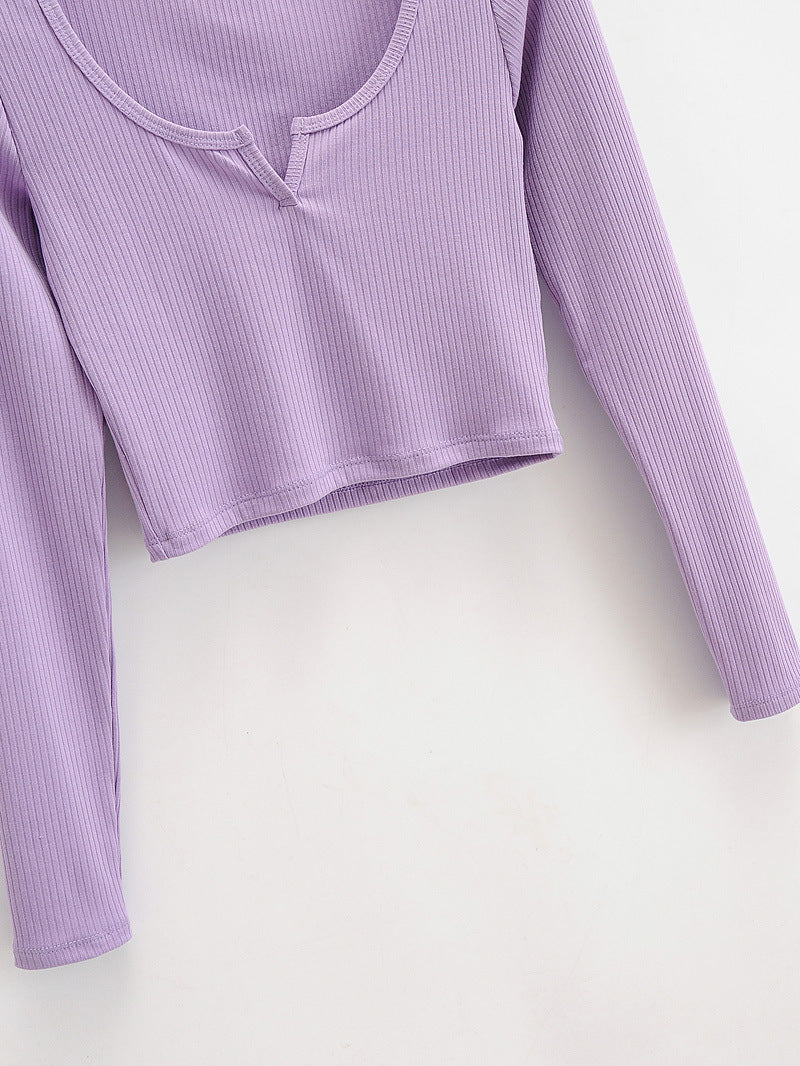 Notch V Neck Long Sleeve Crop Top - PURPLE - 1