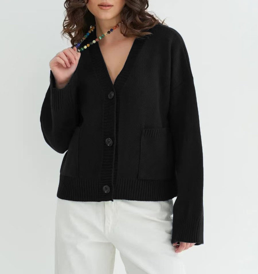Slouchy Oversized V-Neck Button Knit Cardigan - Black