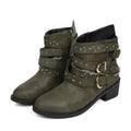 Studded Buckle Strap Moto Ankle Boots - Olive