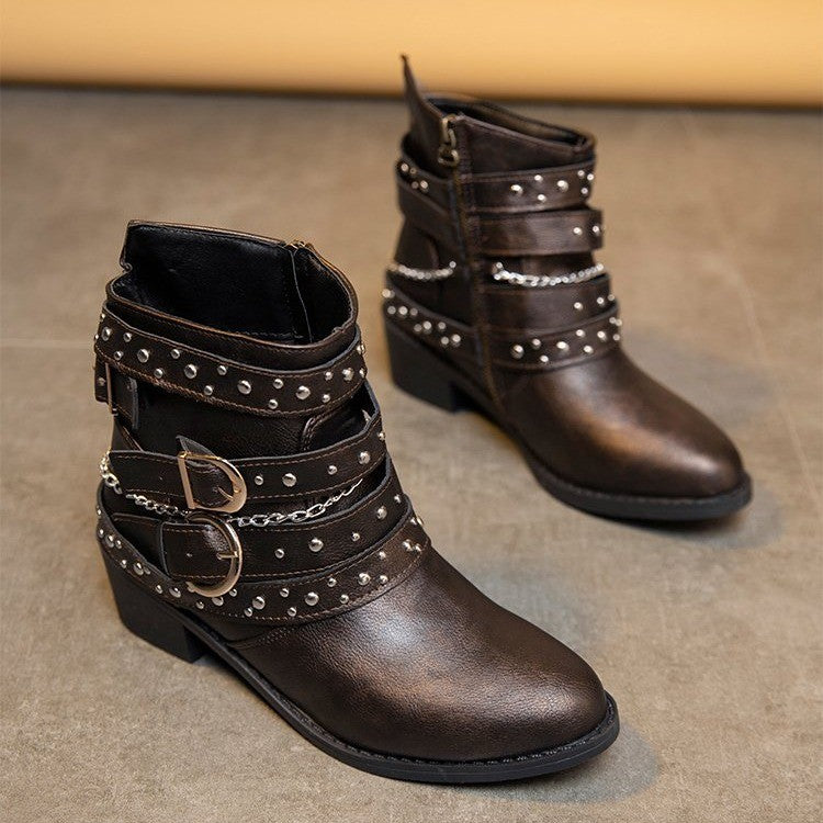 Studded Buckle Strap Moto Ankle Boots