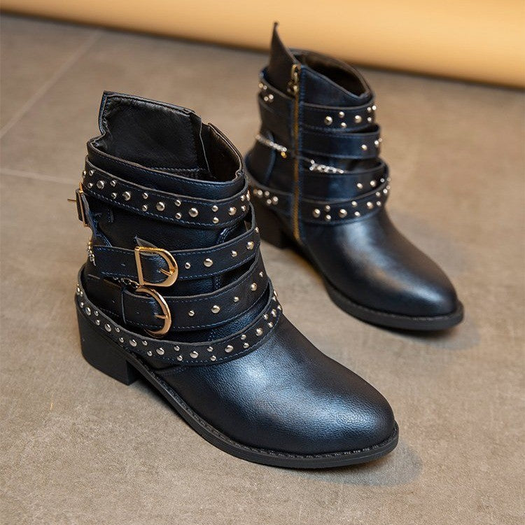 Studded Buckle Strap Moto Ankle Boots