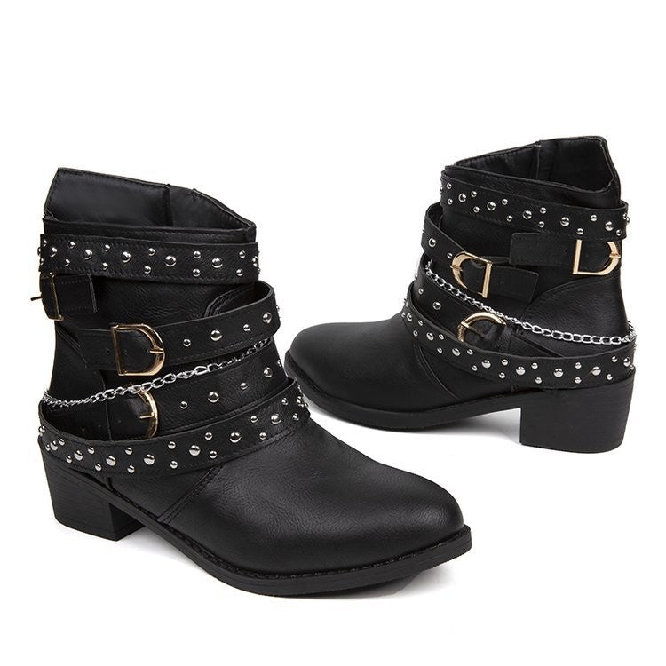 Studded Buckle Strap Moto Ankle Boots
