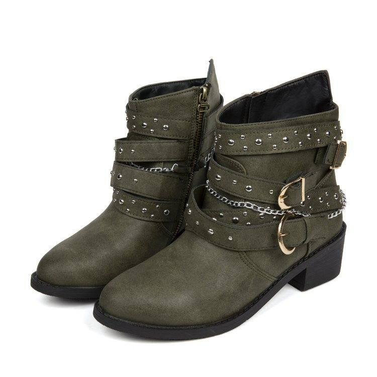 Studded Buckle Strap Moto Ankle Boots