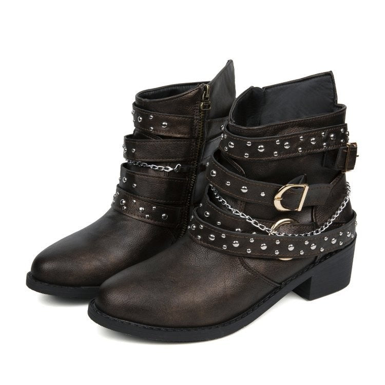 Studded Buckle Strap Moto Ankle Boots