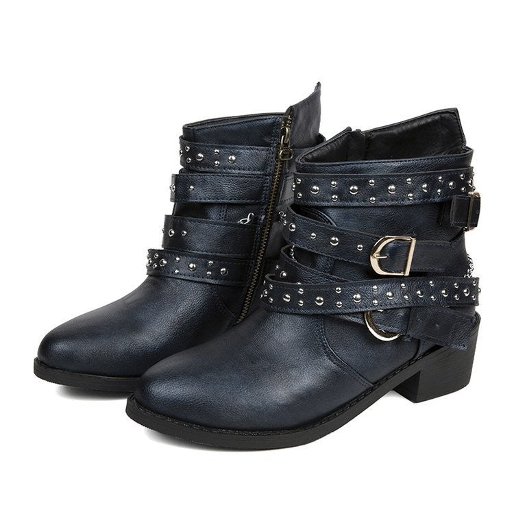 Studded Buckle Strap Moto Ankle Boots