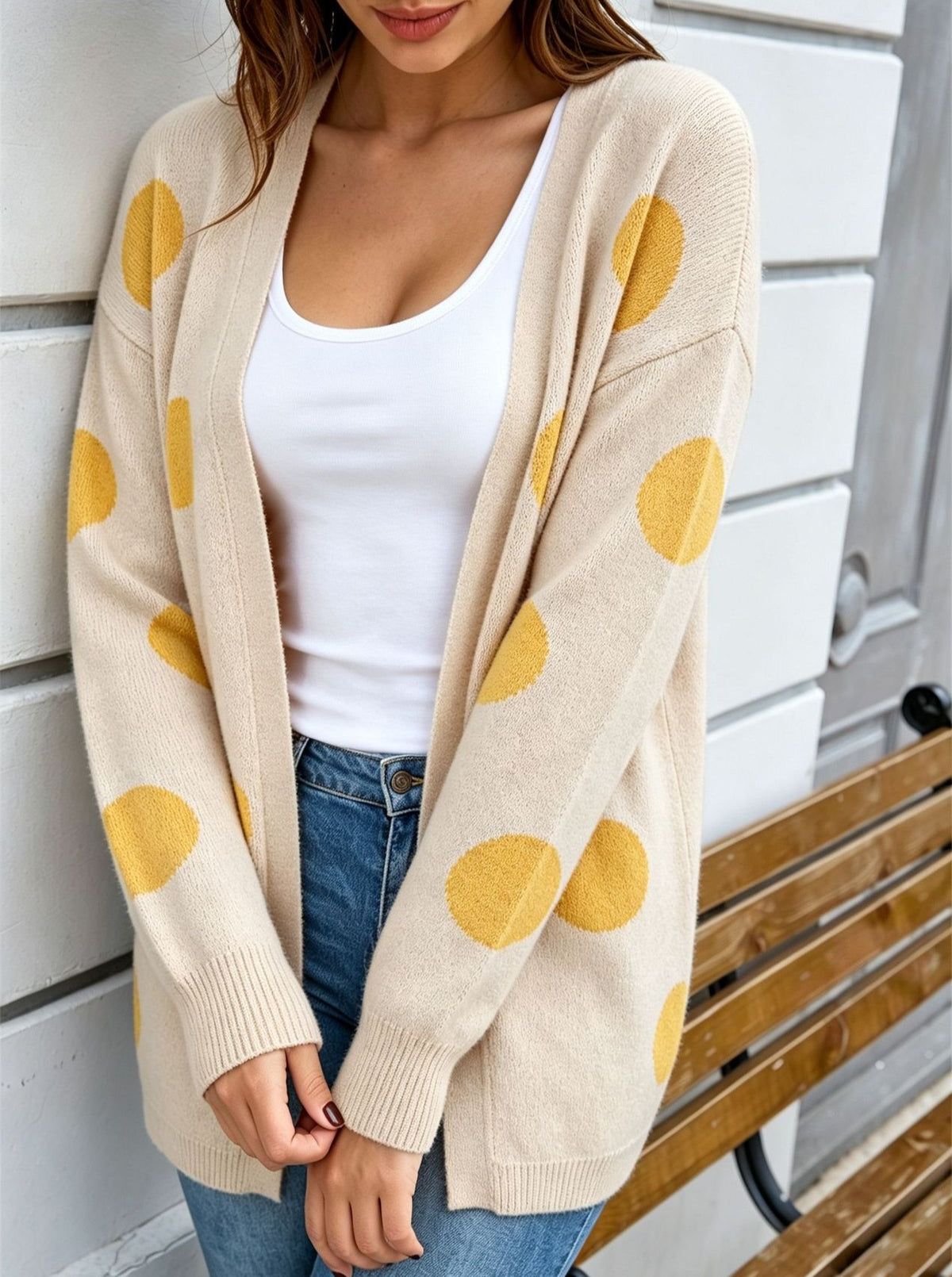 Polka Dot Open Front Longline Cardigan - Apricot - 1