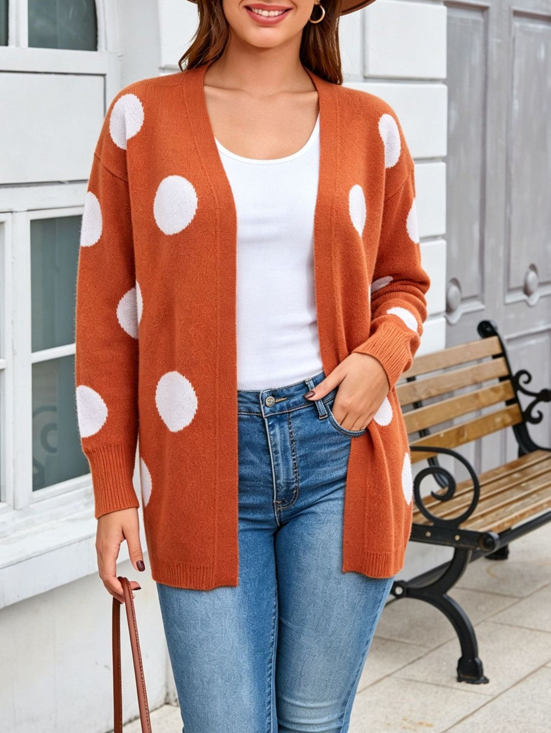 Polka Dot Open Front Longline Cardigan - Orange