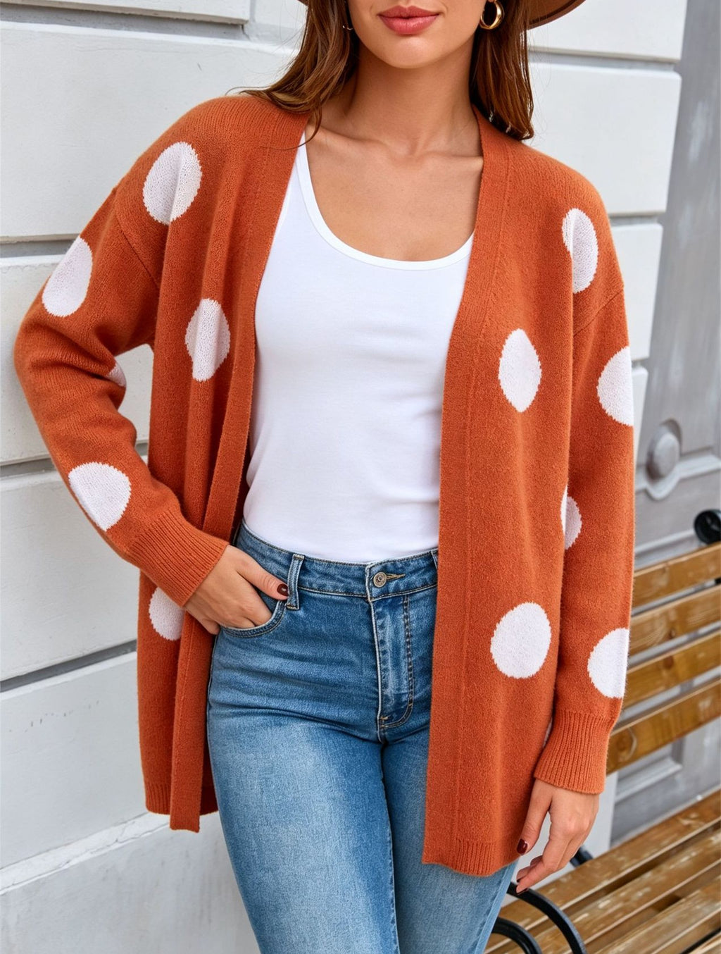Polka Dot Open Front Longline Cardigan - Orange - 4