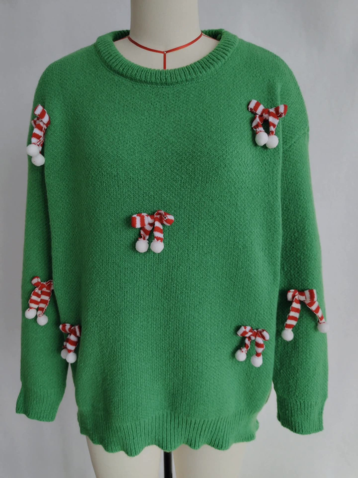 Candy Cane Applique Pom Knit Sweater - Green