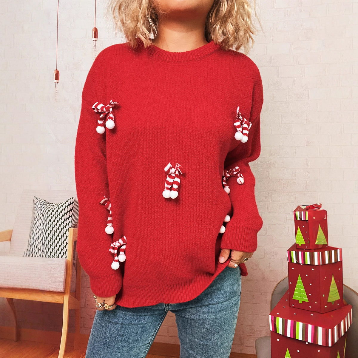 Candy Cane Applique Pom Knit Sweater - Red