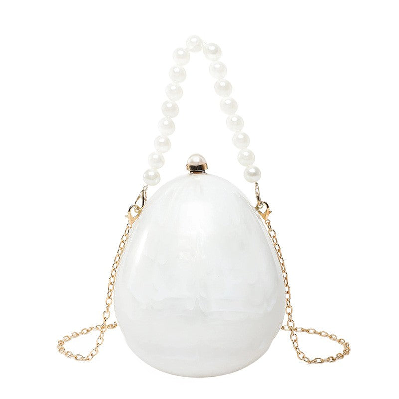 Egg Shaped Evening Clutch With Beaded Handle - Pearl White