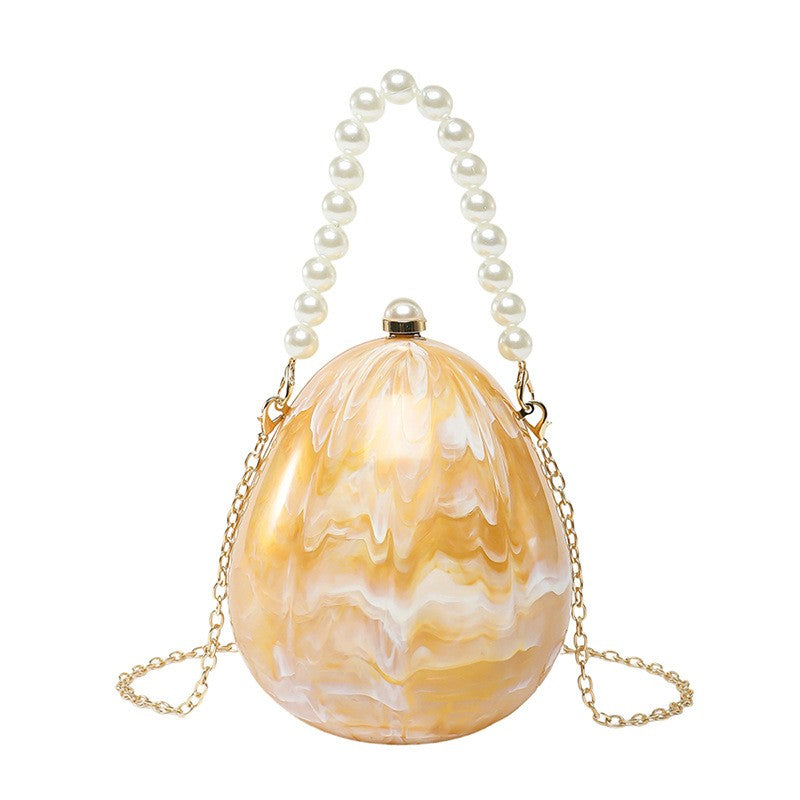 Egg Shaped Evening Clutch With Beaded Handle - Yellow Marble