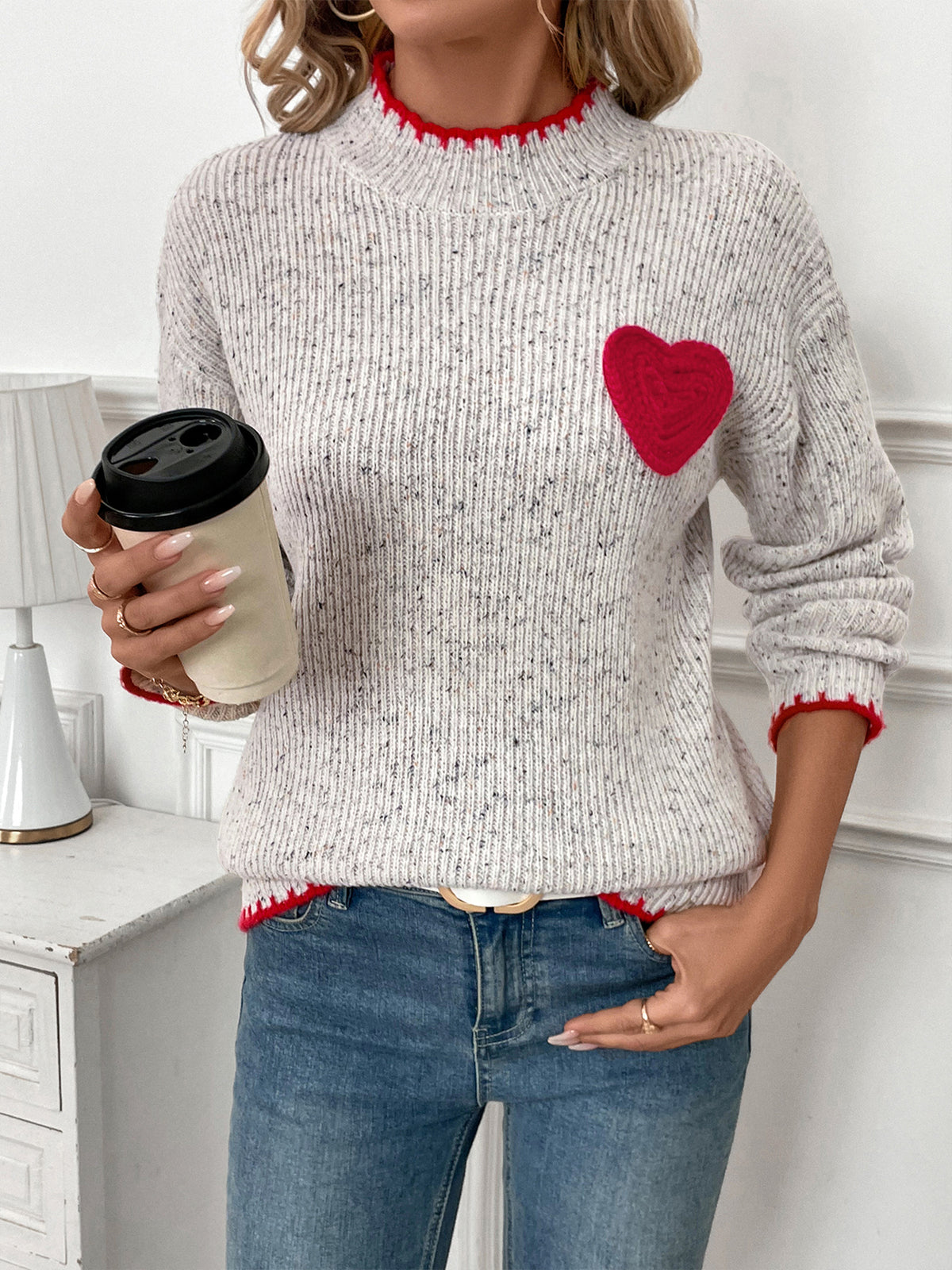 Speckled Knit Sweater With Heart Motif - Gray