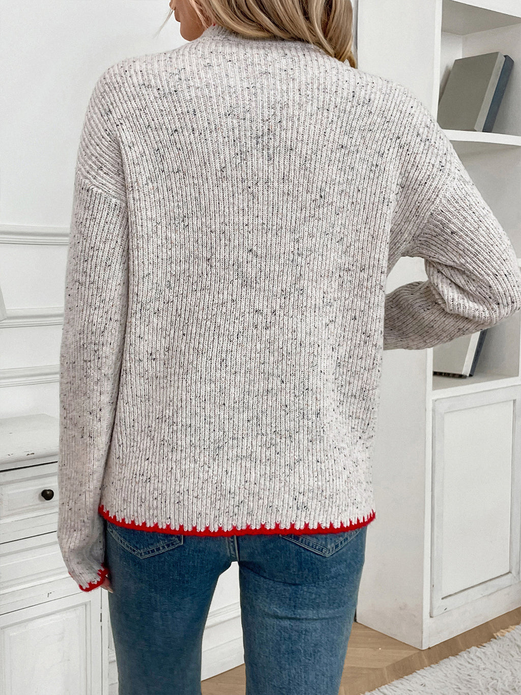 Speckled Knit Sweater With Heart Motif - Gray - 3