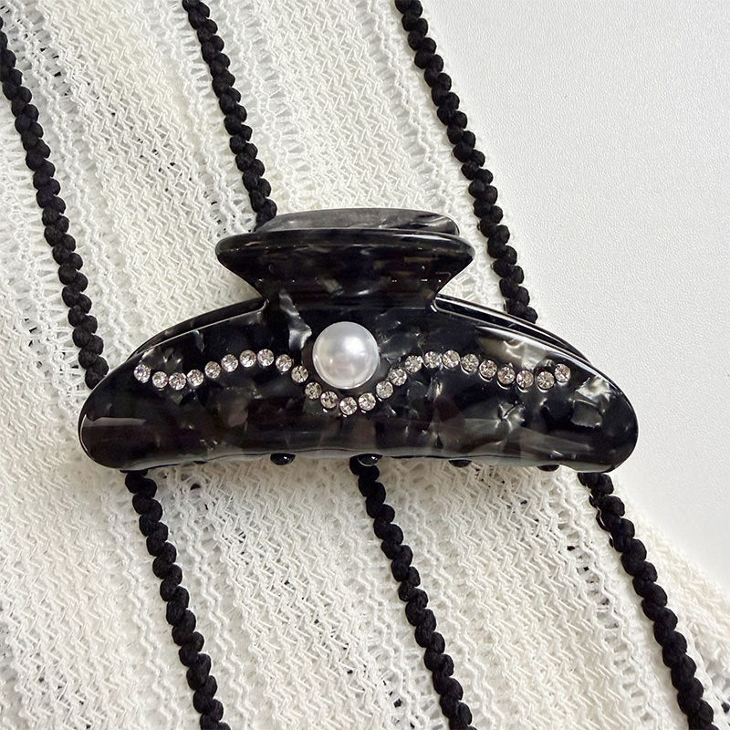 Wave Rhinestone Hair Claw Clip with Faux Pearl Center - Black