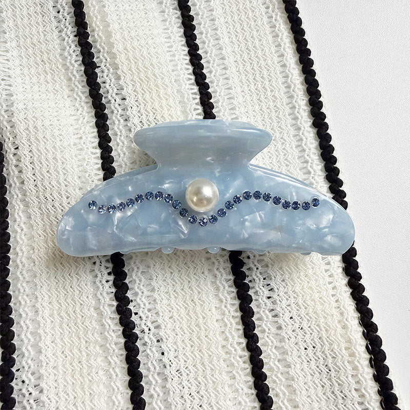 Wave Rhinestone Hair Claw Clip with Faux Pearl Center - Blue