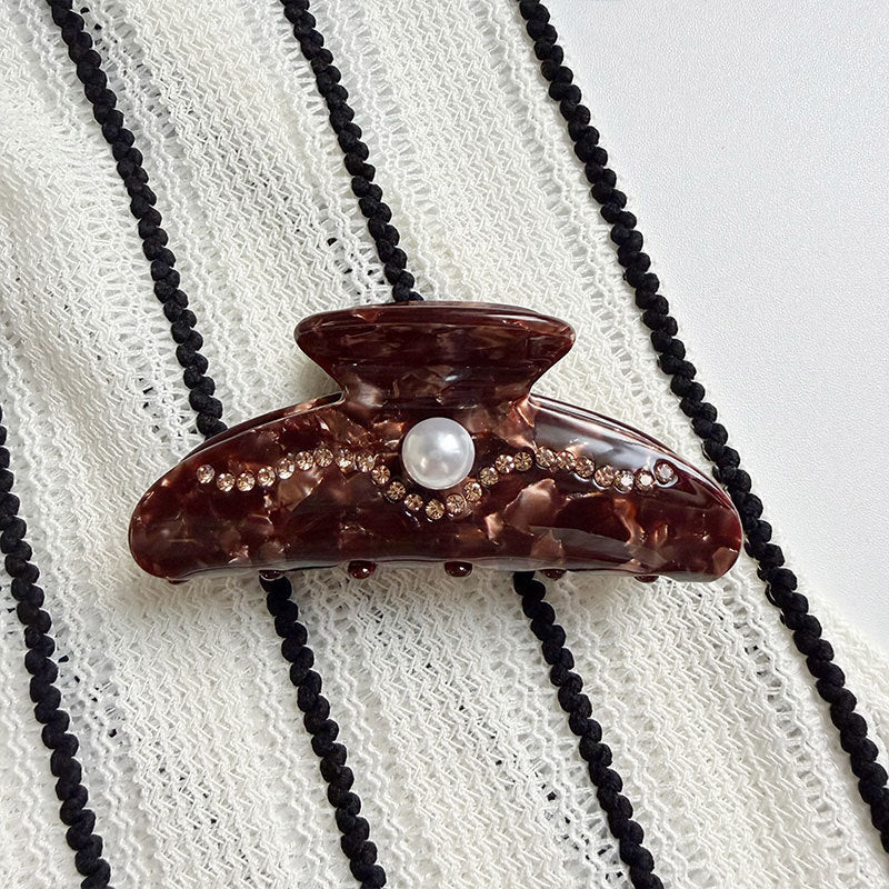 Wave Rhinestone Hair Claw Clip with Faux Pearl Center - Deep_Red