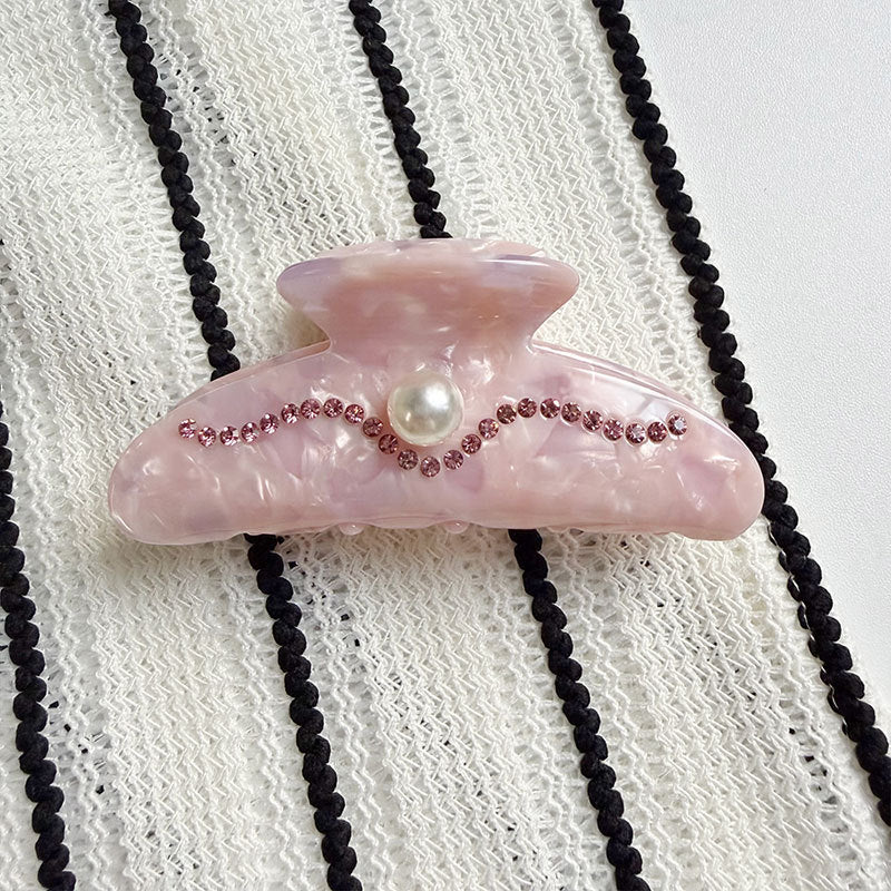 Wave Rhinestone Hair Claw Clip with Faux Pearl Center - Pink