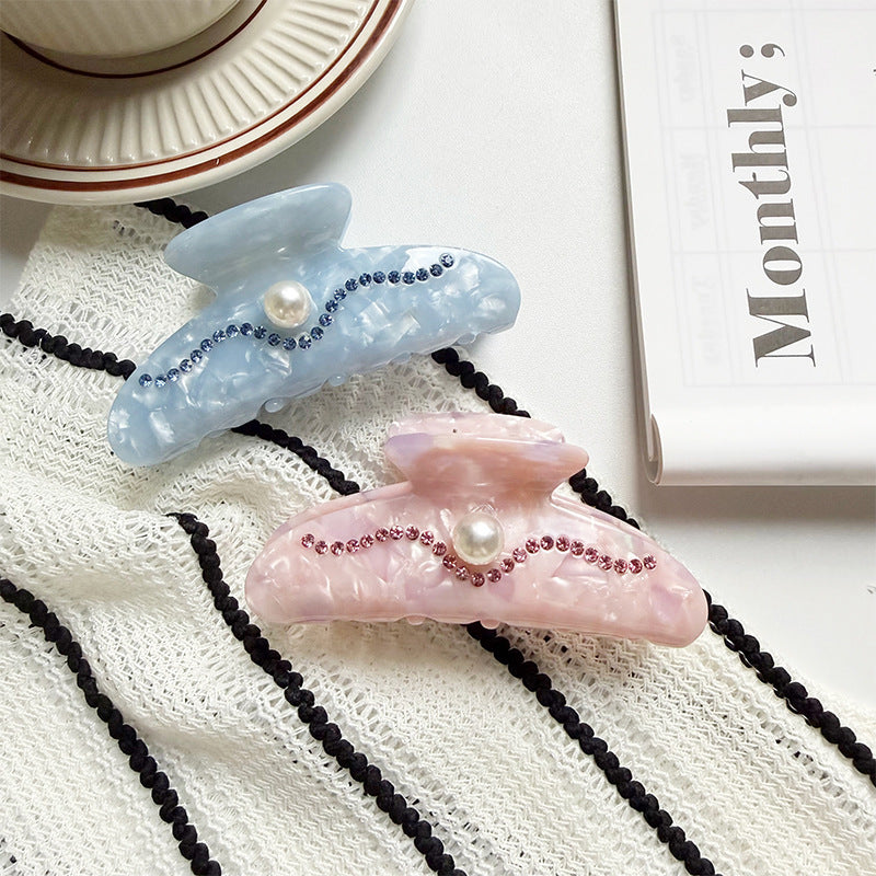 Wave Rhinestone Hair Claw Clip with Faux Pearl Center