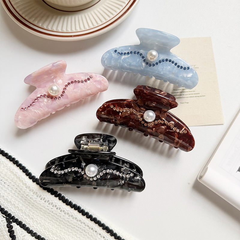 Wave Rhinestone Hair Claw Clip with Faux Pearl Center - view 1