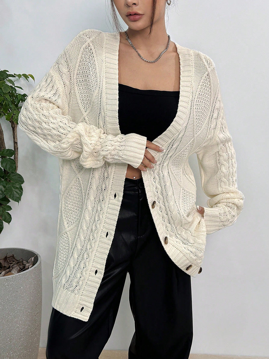 Longline Cable Knit Button Cardigan - Beige - 2