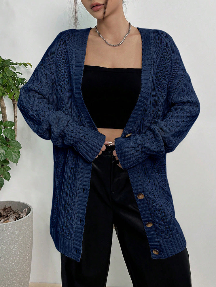 Longline Cable Knit Button Cardigan - Navyblue
