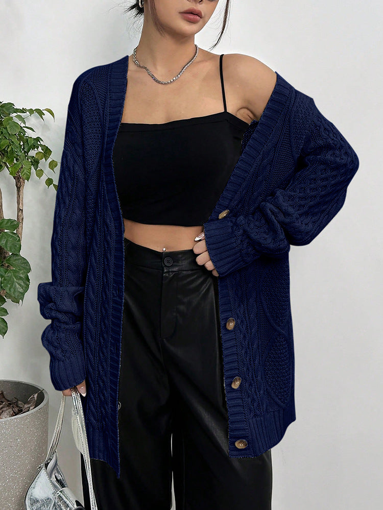 Longline Cable Knit Button Cardigan - Navyblue - 1