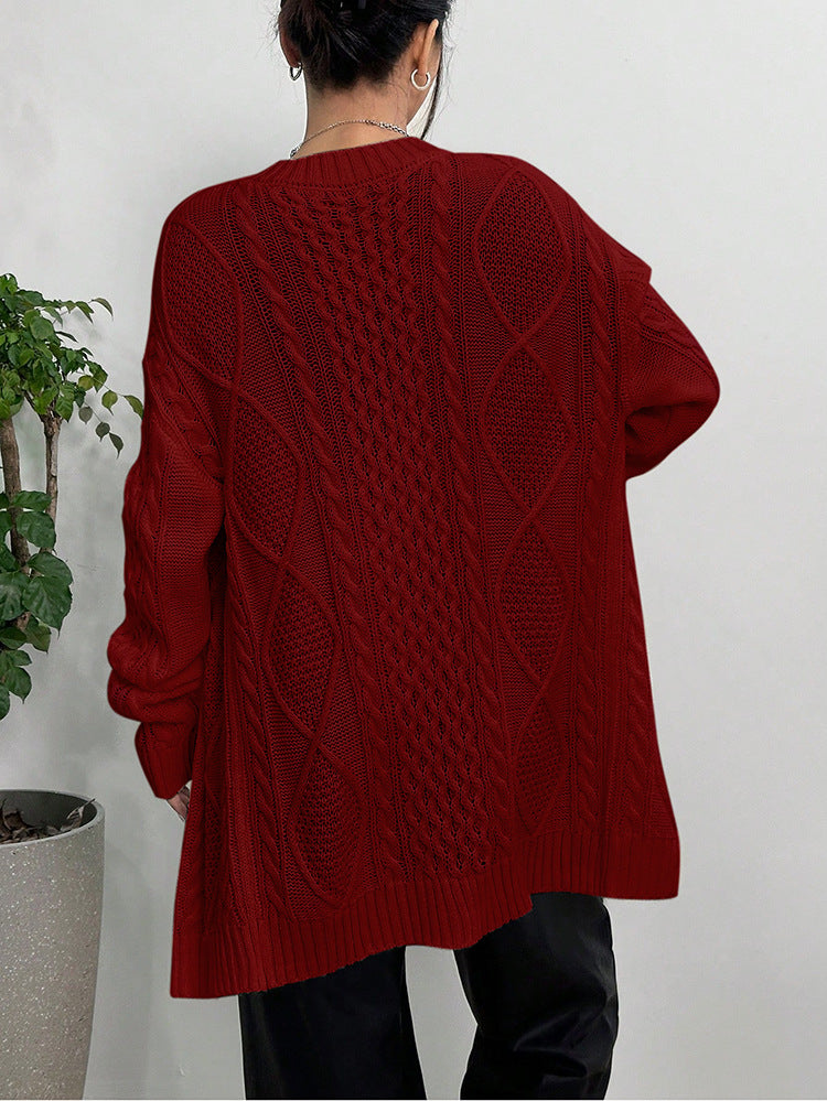 Longline Cable Knit Button Cardigan - Winered - 1