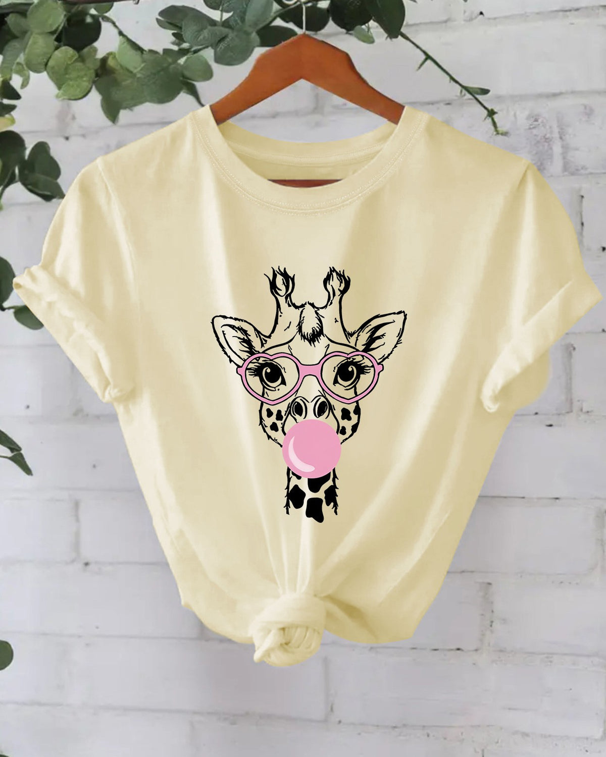 Bubblegum Giraffe Graphic Cotton Tee - Apricot