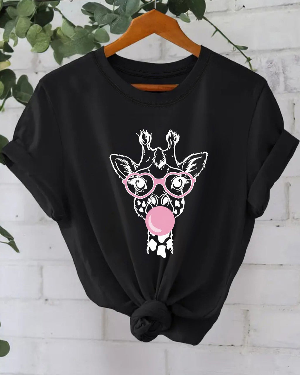 Bubblegum Giraffe Graphic Cotton Tee - Black