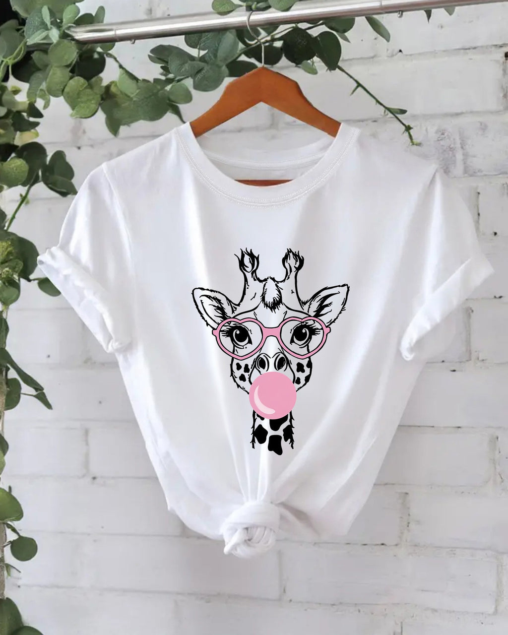 Bubblegum Giraffe Graphic Cotton Tee - Green_2