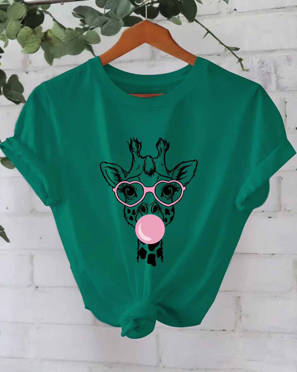 Bubblegum Giraffe Graphic Cotton Tee - Green_2 - 1