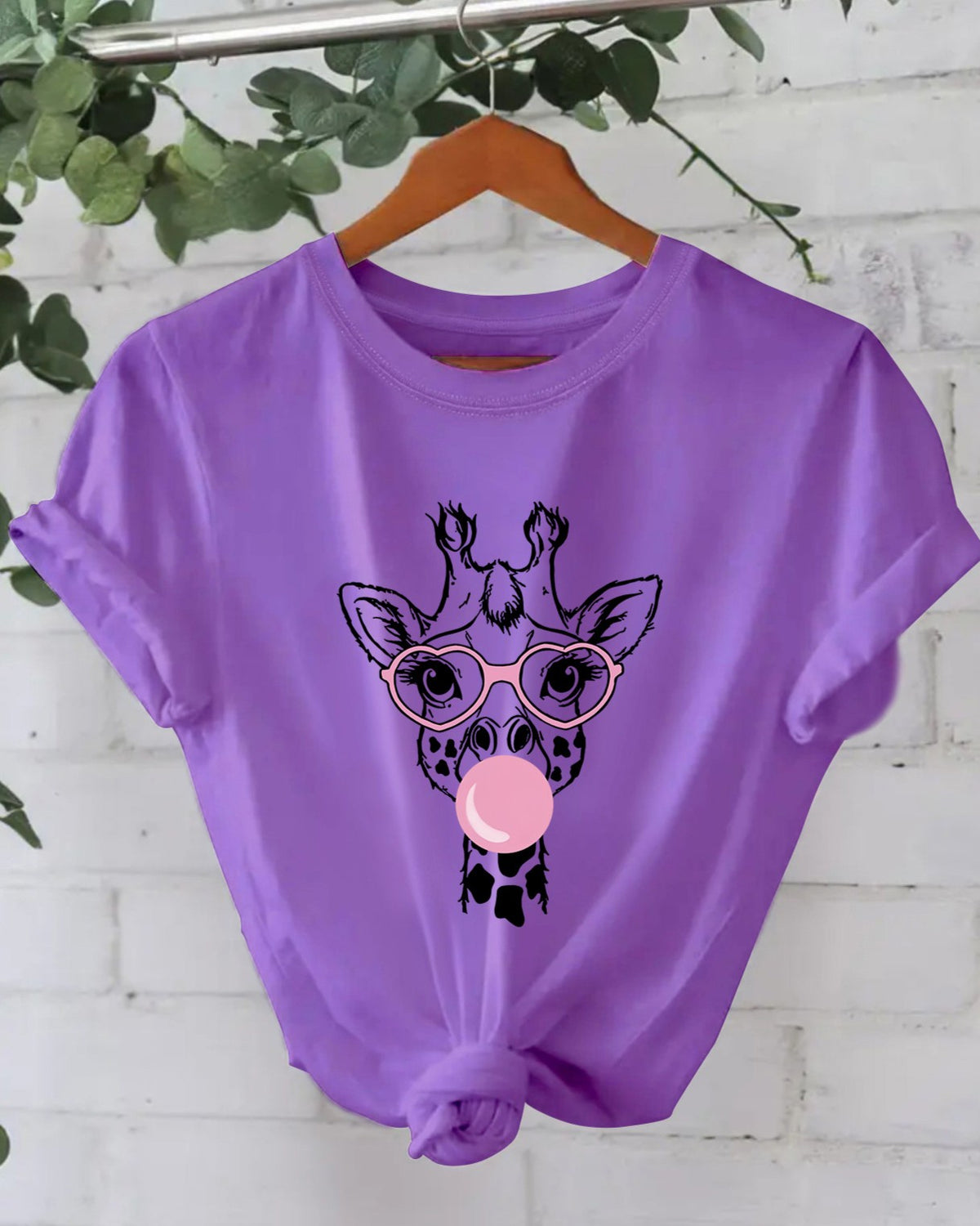 Bubblegum Giraffe Graphic Cotton Tee - Purple