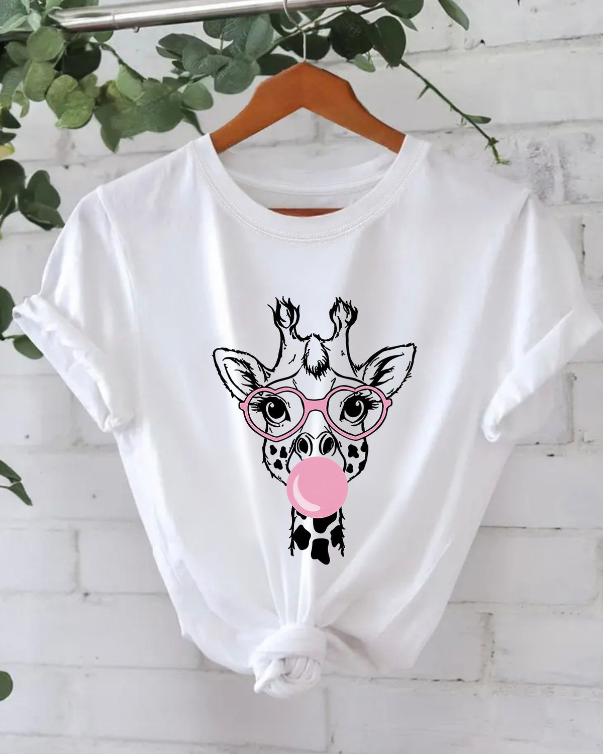 Bubblegum Giraffe Graphic Cotton Tee - White