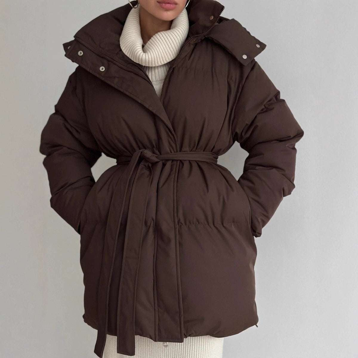 Oversized Belted Hooded Longline Puffer Jacket - Chocolate Brown
