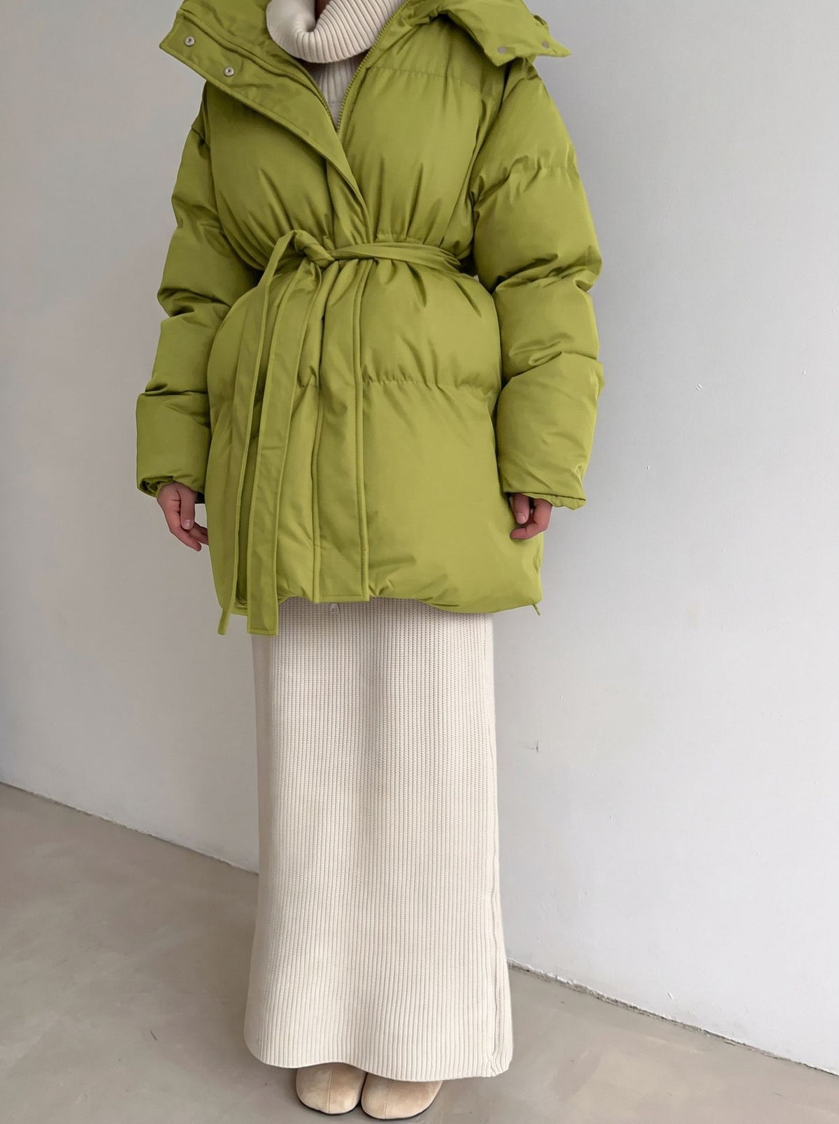 Oversized Belted Hooded Longline Puffer Jacket - Lime Green