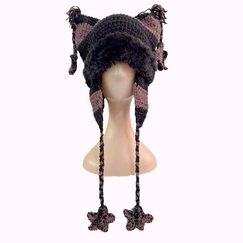 Cat Ear Striped Crochet Beanie With Tassels - Black