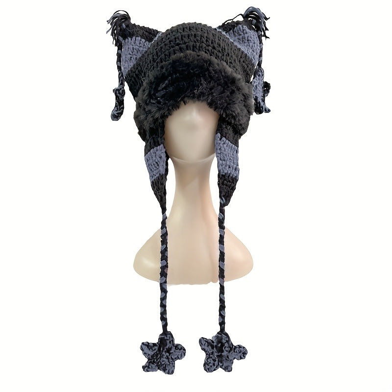 Cat Ear Striped Crochet Beanie With Tassels - Grey