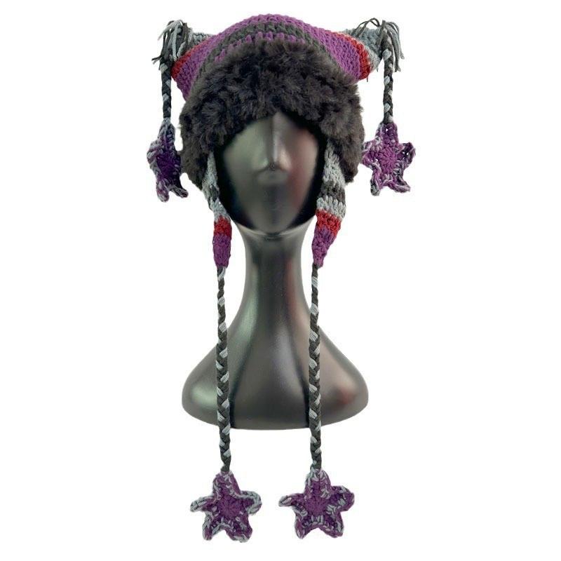 Cat Ear Striped Crochet Beanie With Tassels - Purple
