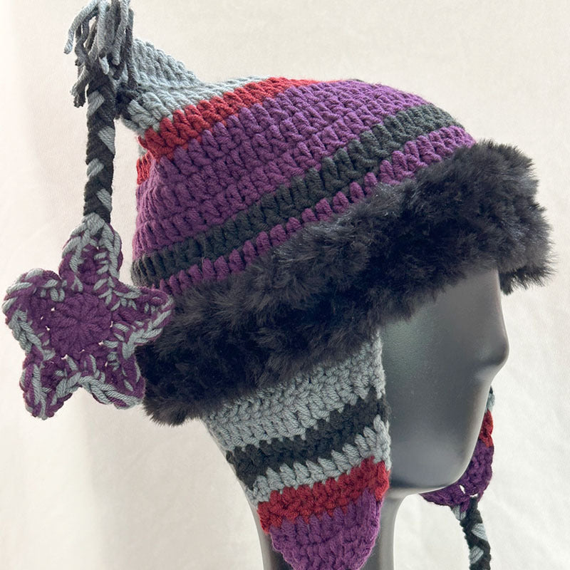Cat Ear Striped Crochet Beanie With Tassels - Purple - 1