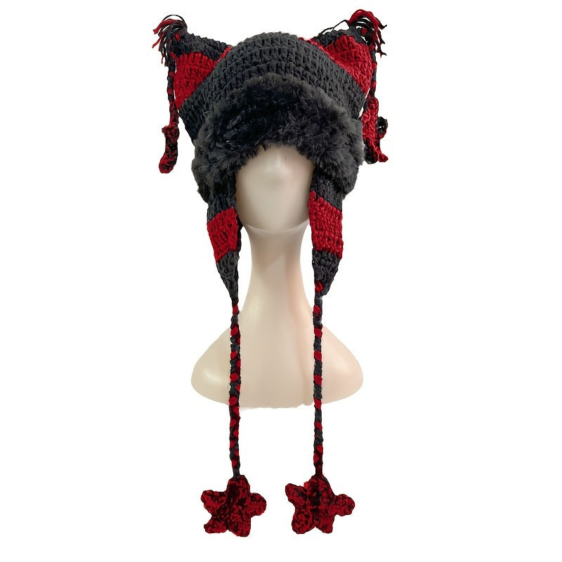 Cat Ear Striped Crochet Beanie With Tassels - Red